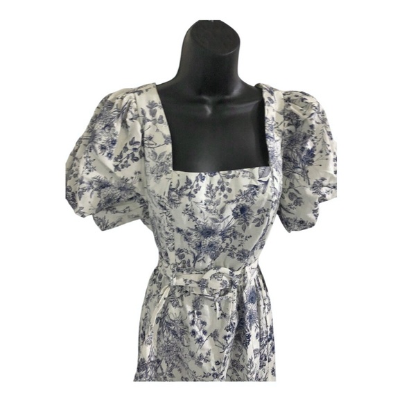 Cream blue floral‎ puff sleeve belted smocked square neck nap dress size medium - Picture 15 of 17